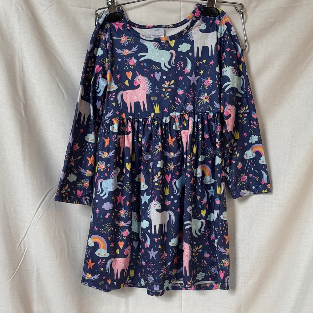 Magical Unicorn Kids Dress - Navy and Pink